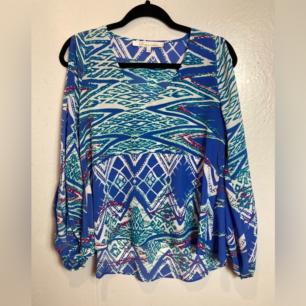 Lovers + Friends Coastal Blue Cold Shoulder Top Slit Sleeve Abstract Boho Size S
